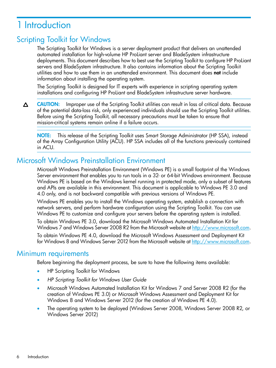1 introduction, Scripting toolkit for windows, Microsoft windows preinstallation environment | Minimum requirements | HP Scripting Toolkit for Windows 9.50 User Manual | Page 6 / 62