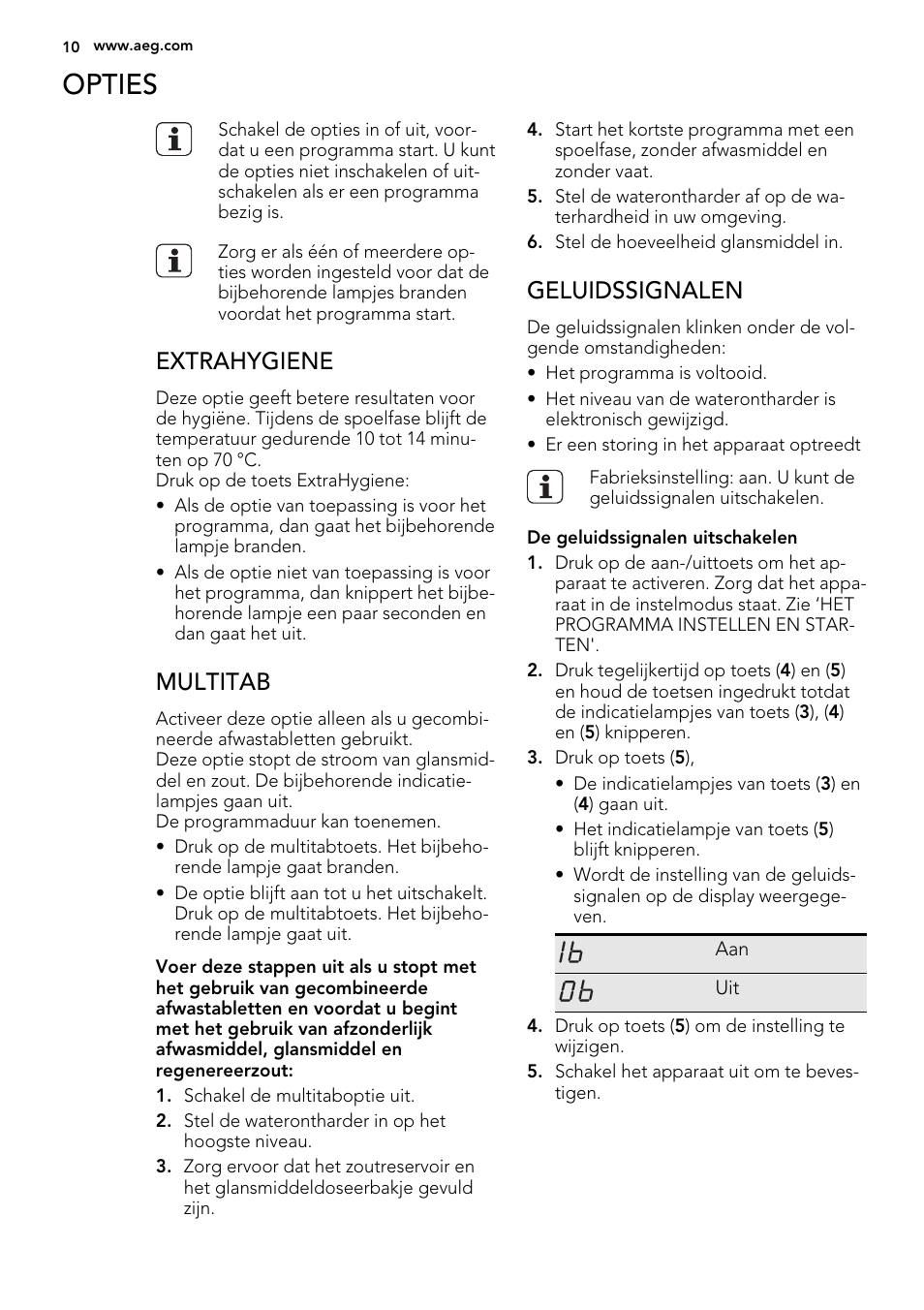 Opties, Extrahygiene, Multitab | Geluidssignalen | AEG F78025VI1P User Manual | Page 10 / 80