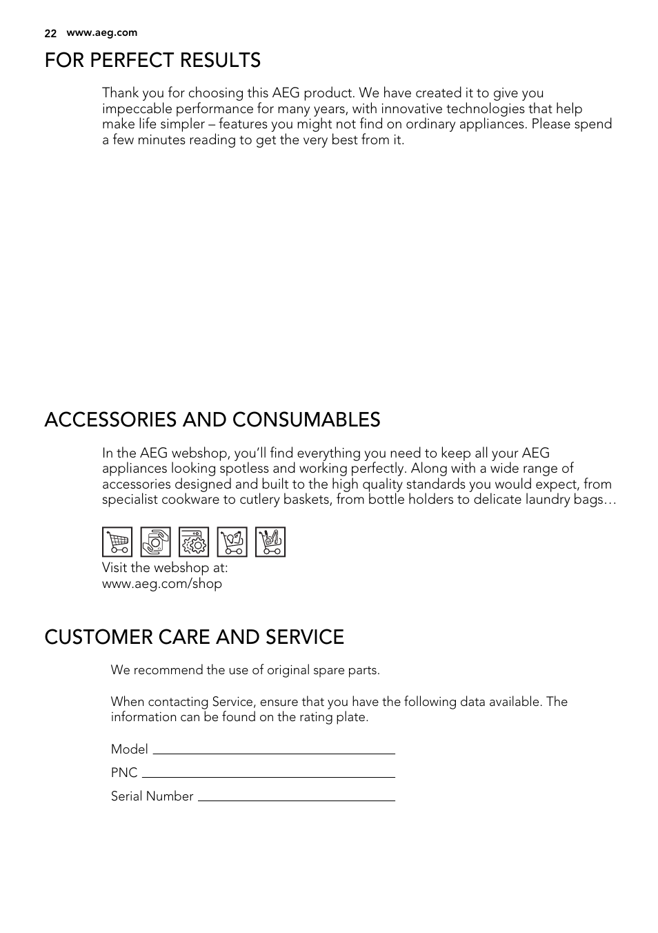 For perfect results, Accessories and consumables, Customer care and service | AEG F78025VI1P User Manual | Page 22 / 80