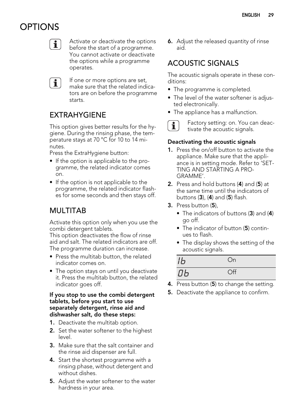 Options, Extrahygiene, Multitab | Acoustic signals | AEG F78025VI1P User Manual | Page 29 / 80