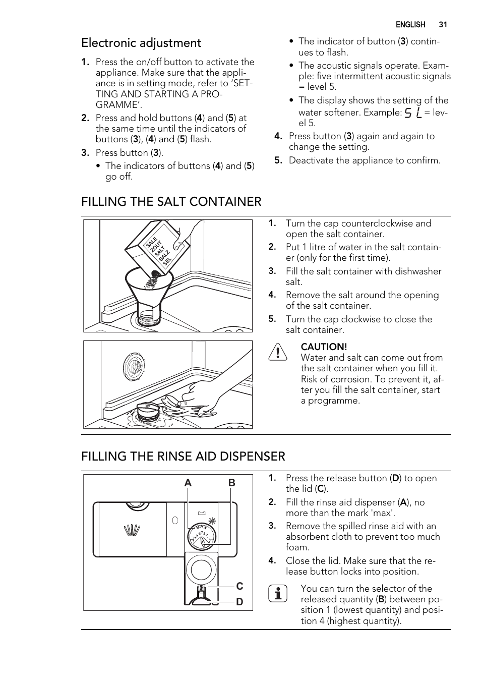 Electronic adjustment, Filling the salt container, Filling the rinse aid dispenser | AEG F78025VI1P User Manual | Page 31 / 80