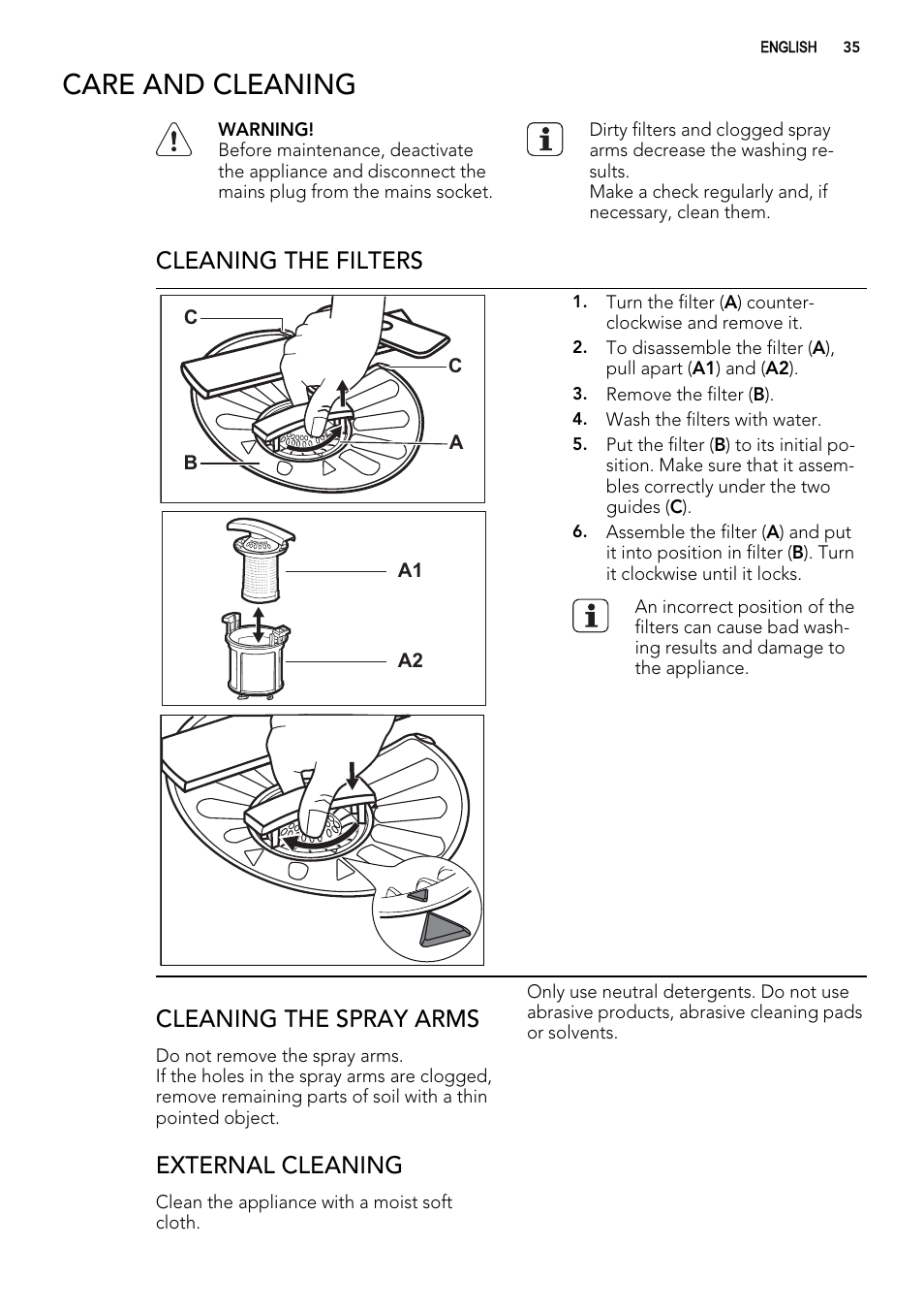 Care and cleaning, Cleaning the filters, Cleaning the spray arms | External cleaning | AEG F78025VI1P User Manual | Page 35 / 80