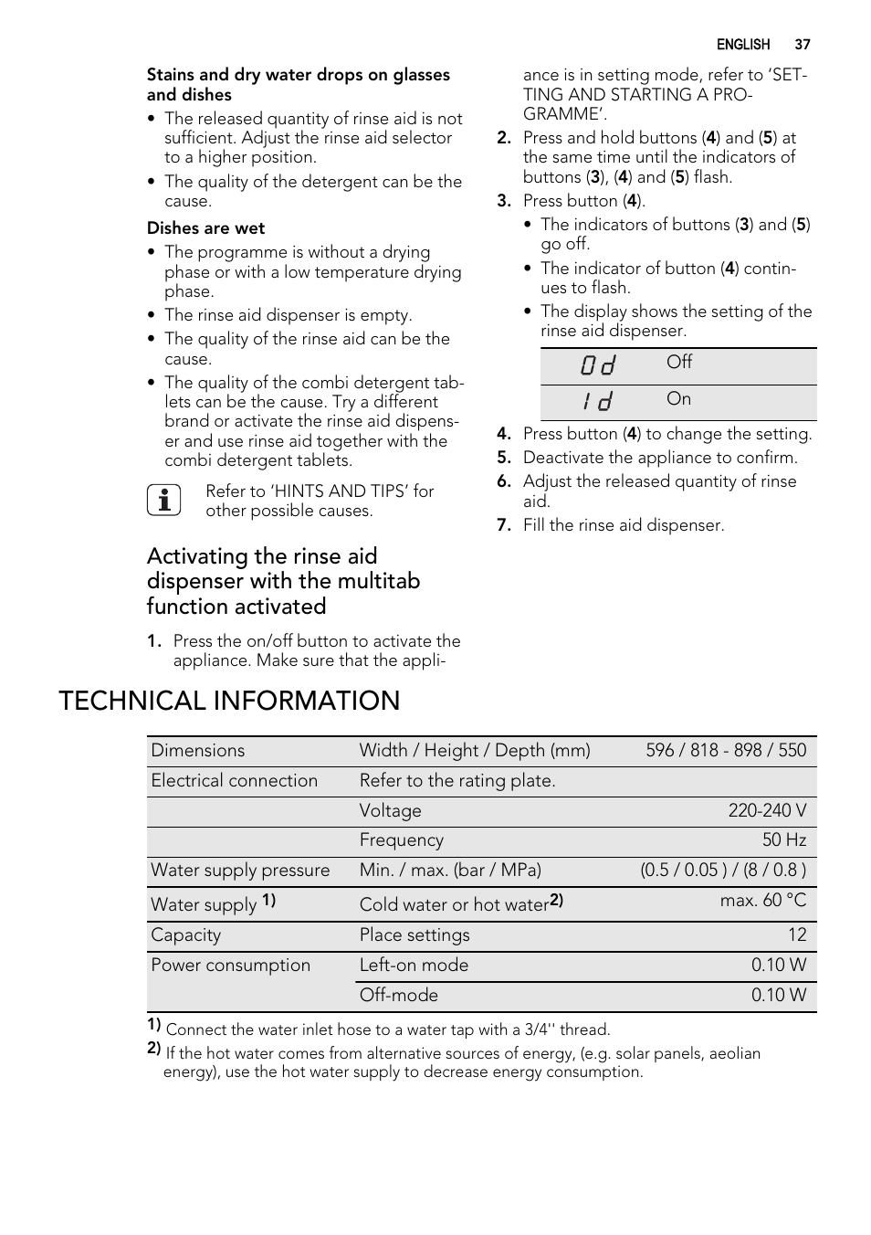 Technical information | AEG F78025VI1P User Manual | Page 37 / 80