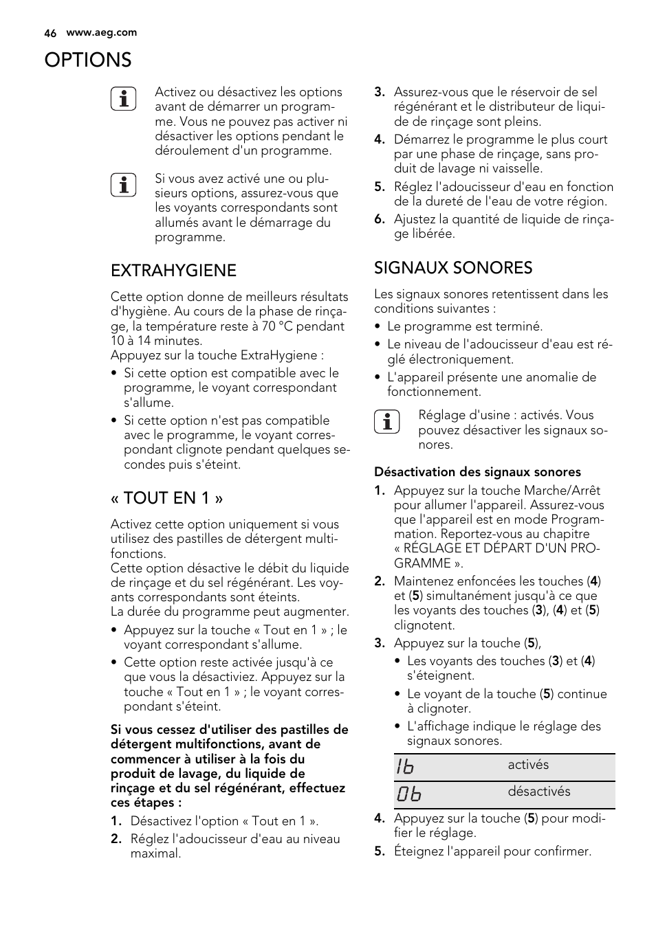Options, Extrahygiene, Tout en 1 | Signaux sonores | AEG F78025VI1P User Manual | Page 46 / 80