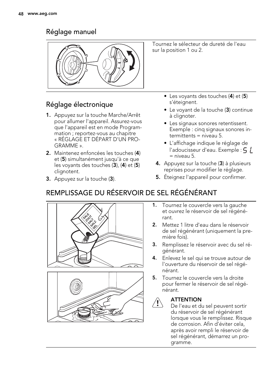 Réglage manuel, Réglage électronique, Remplissage du réservoir de sel régénérant | AEG F78025VI1P User Manual | Page 48 / 80