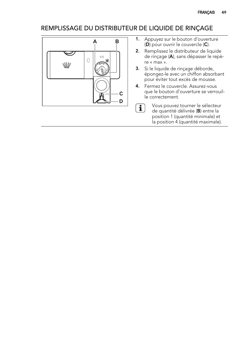 Remplissage du distributeur de liquide de rinçage, Ab d c | AEG F78025VI1P User Manual | Page 49 / 80