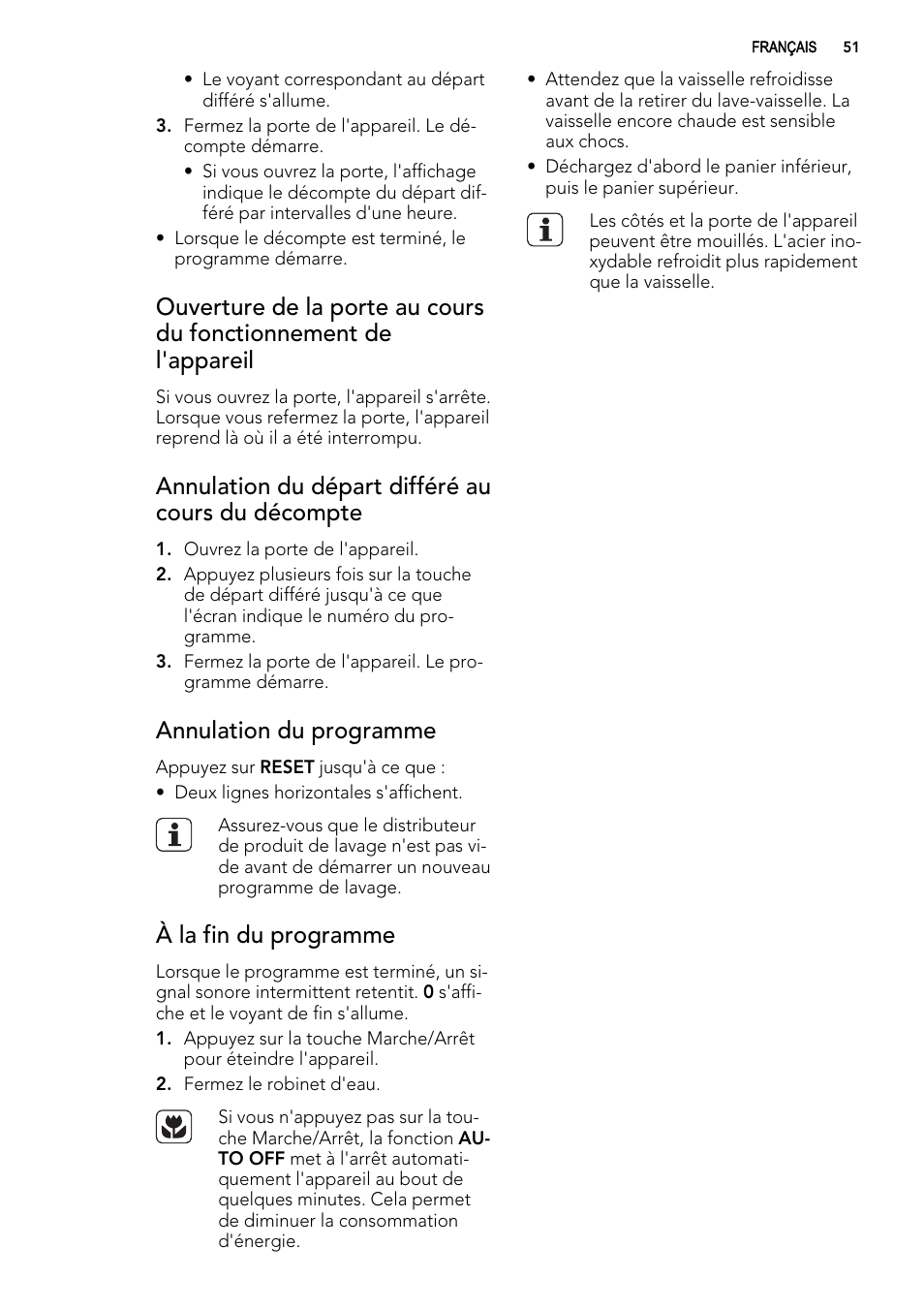 Annulation du départ différé au cours du décompte, Annulation du programme, À la fin du programme | AEG F78025VI1P User Manual | Page 51 / 80