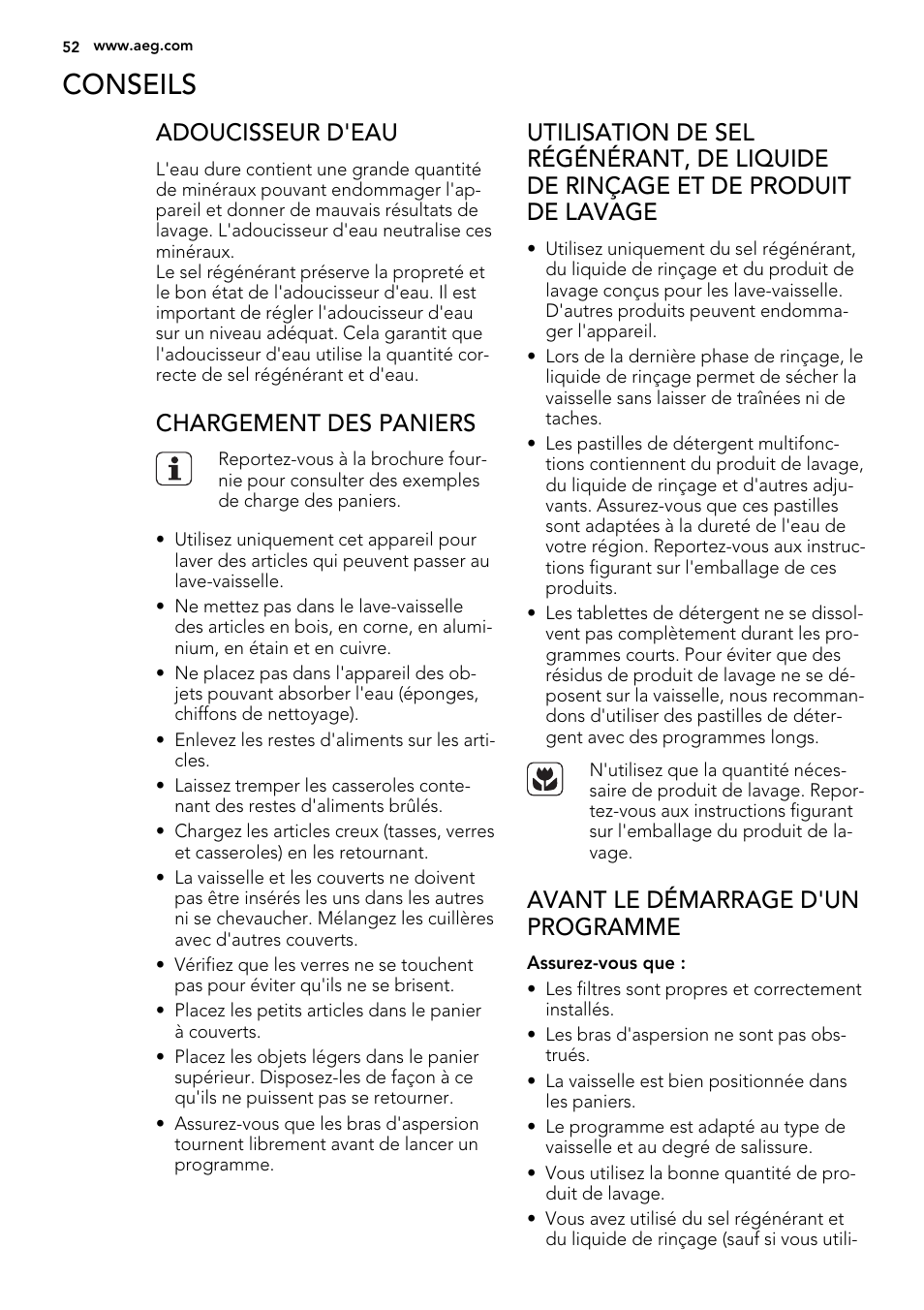 Conseils, Adoucisseur d'eau, Chargement des paniers | Avant le démarrage d'un programme | AEG F78025VI1P User Manual | Page 52 / 80