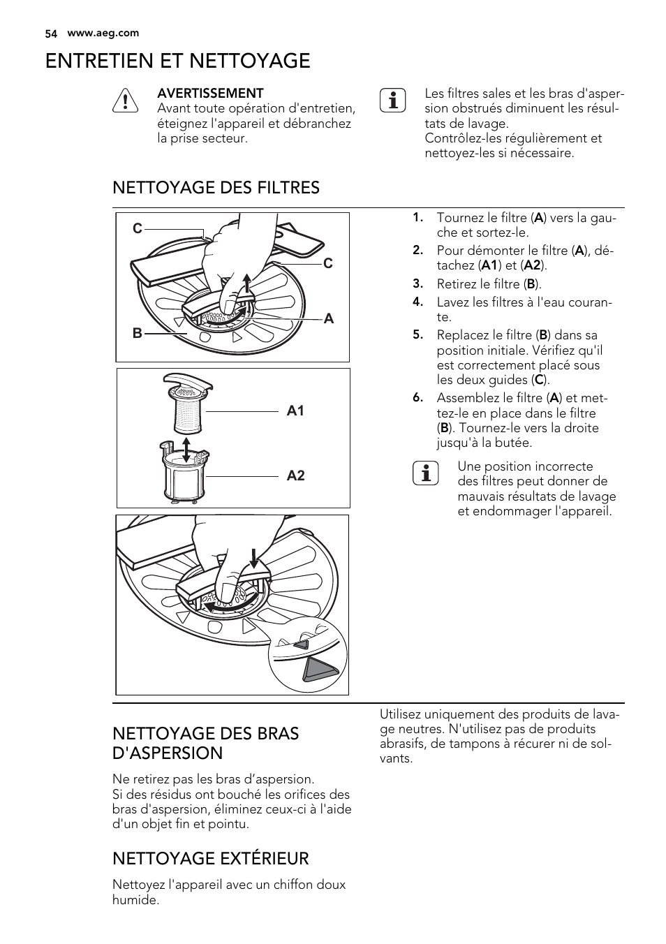 Entretien et nettoyage, Nettoyage des filtres, Nettoyage des bras d'aspersion | Nettoyage extérieur | AEG F78025VI1P User Manual | Page 54 / 80