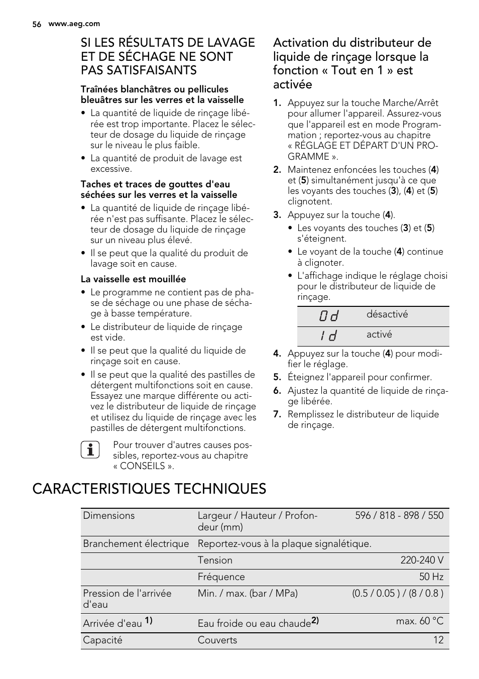 Caracteristiques techniques | AEG F78025VI1P User Manual | Page 56 / 80