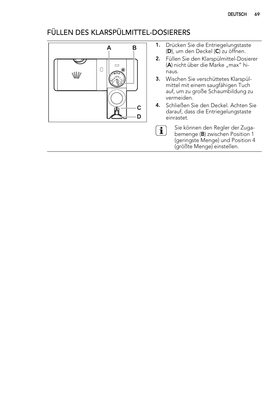 Füllen des klarspülmittel-dosierers, Ab d c | AEG F78025VI1P User Manual | Page 69 / 80