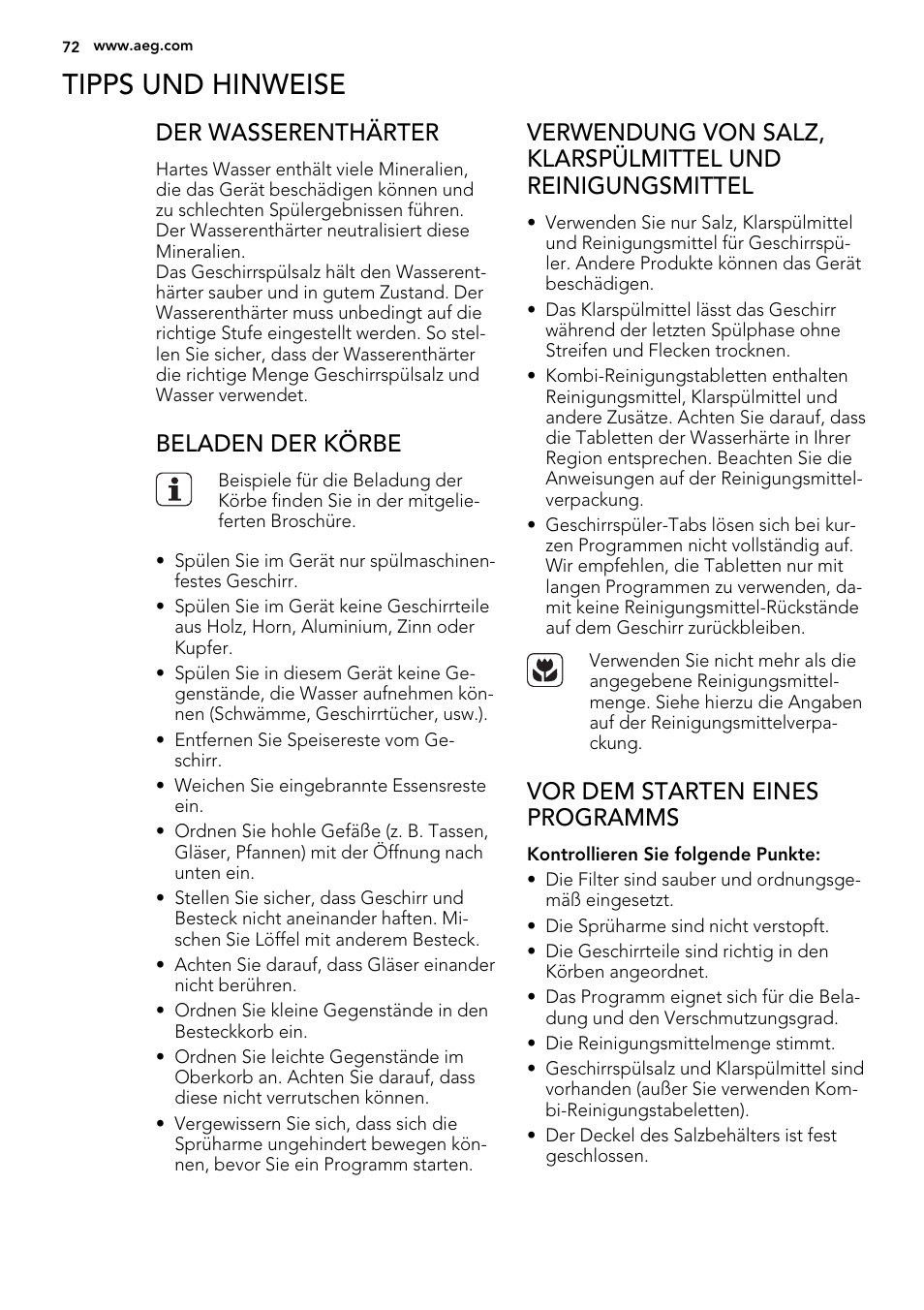 Tipps und hinweise, Der wasserenthärter, Beladen der körbe | Vor dem starten eines programms | AEG F78025VI1P User Manual | Page 72 / 80