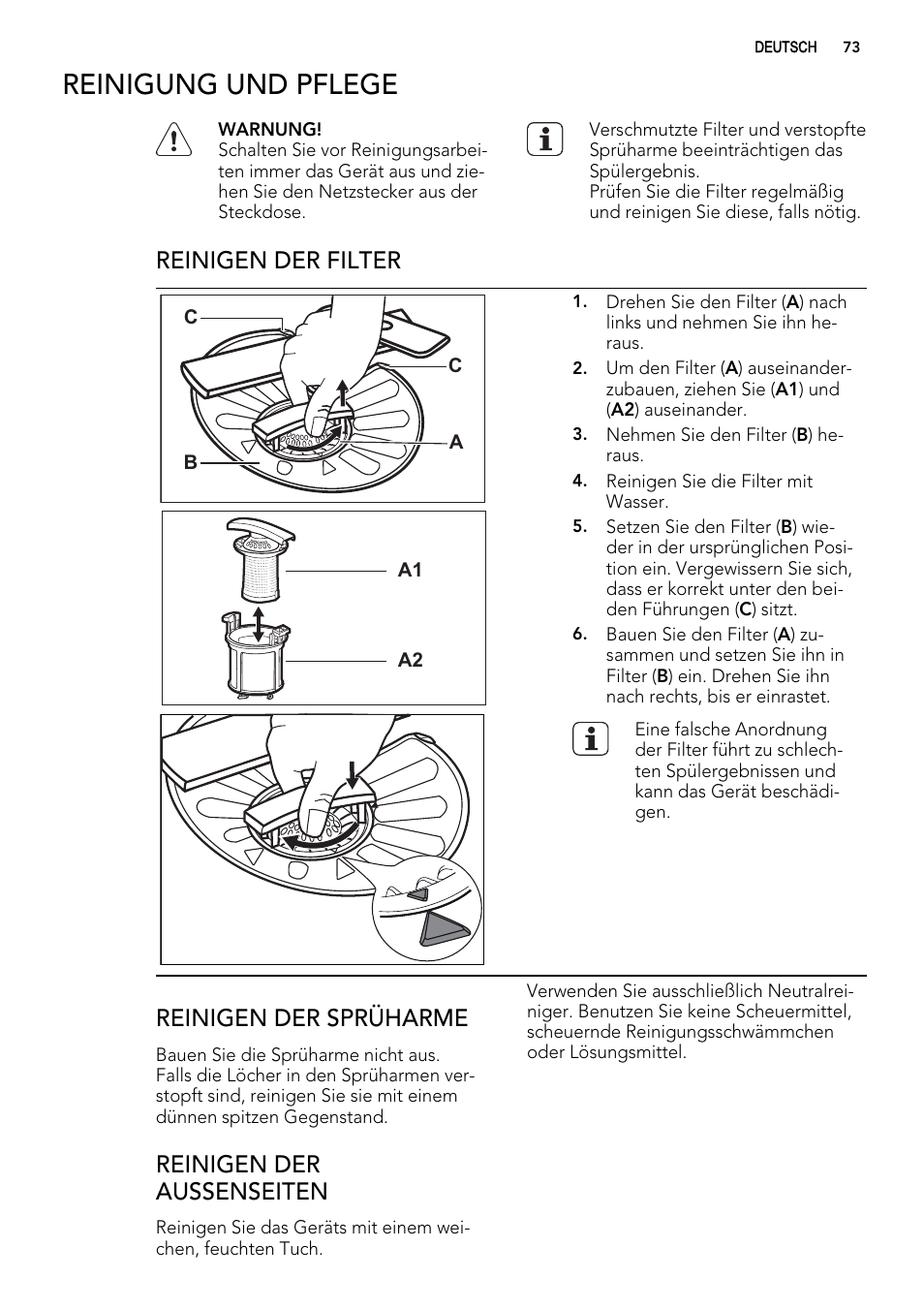 Reinigung und pflege, Reinigen der filter, Reinigen der sprüharme | Reinigen der aussenseiten | AEG F78025VI1P User Manual | Page 73 / 80