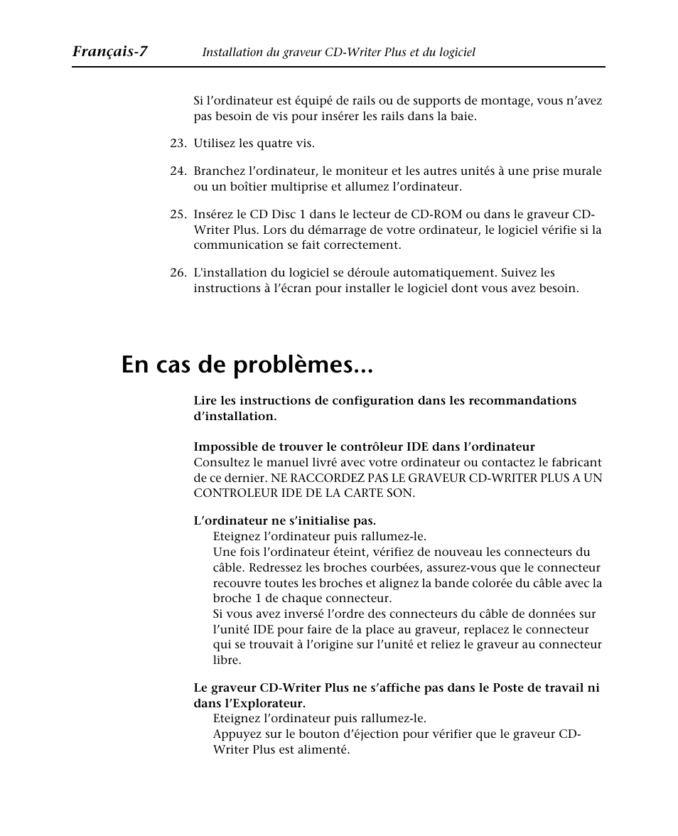 En cas de problèmes, Français-7 | HP Graveur de CD interne HP CD-Writer Plus 7570i User Manual | Page 15 / 46