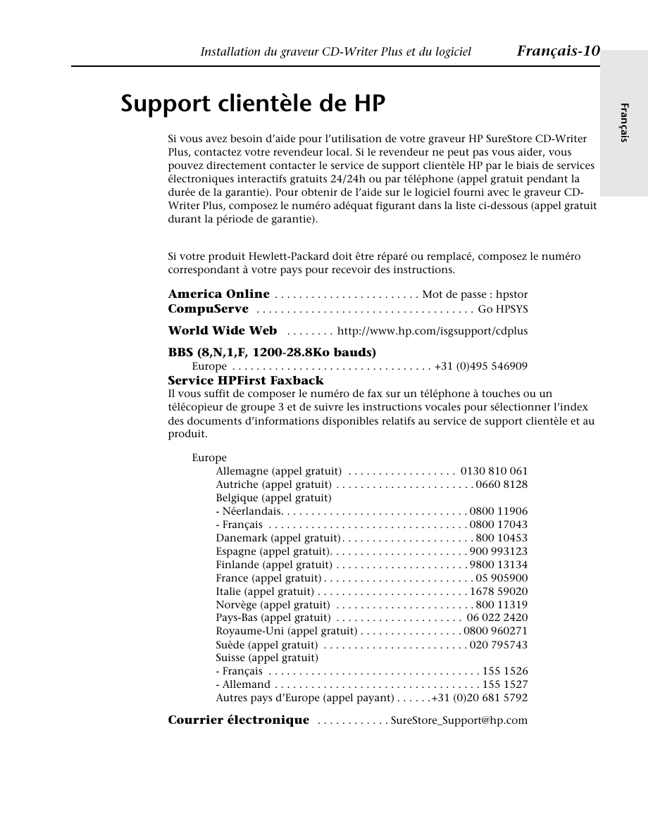 Support clientèle de hp, Français-10 | HP Graveur de CD interne HP CD-Writer Plus 7570i User Manual | Page 18 / 46