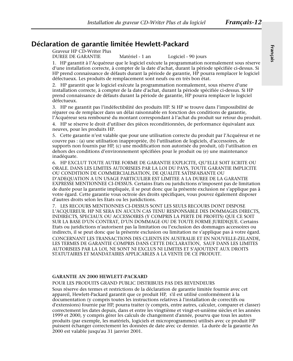 Déclaration de garantie limitée hewlett-packard, Garantie an 2000 hewlett-packard, Français-12 | HP Graveur de CD interne HP CD-Writer Plus 7570i User Manual | Page 20 / 46