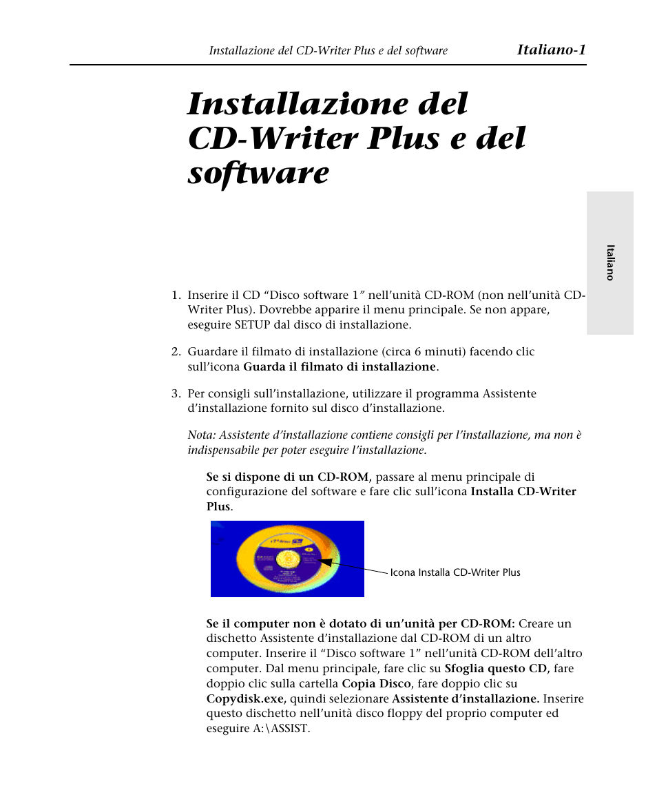 Italiano, Installazione del cd-writer plus e del software | HP Graveur de CD interne HP CD-Writer Plus 7570i User Manual | Page 21 / 46