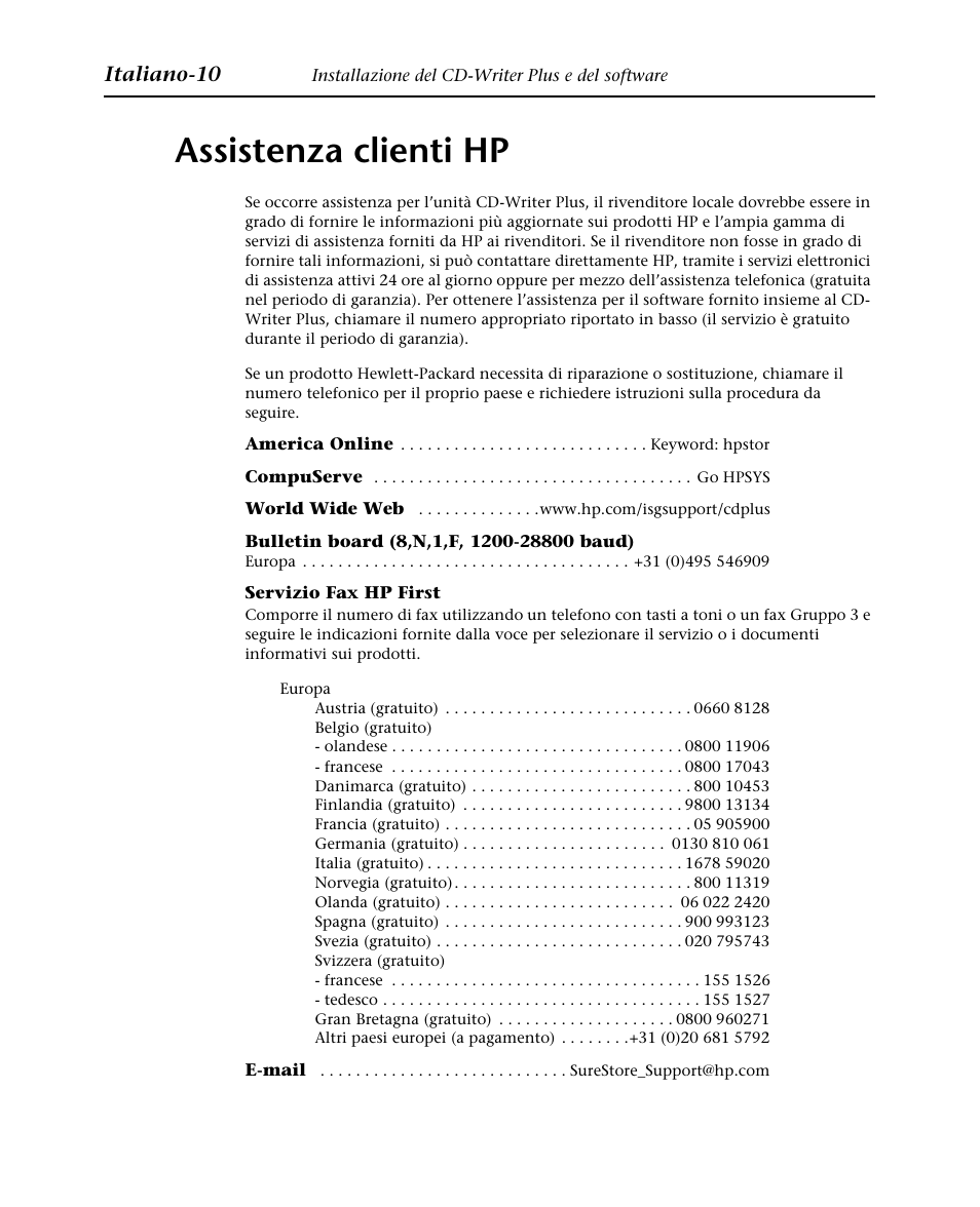 Assistenza clienti hp, Italiano-10 | HP Graveur de CD interne HP CD-Writer Plus 7570i User Manual | Page 30 / 46