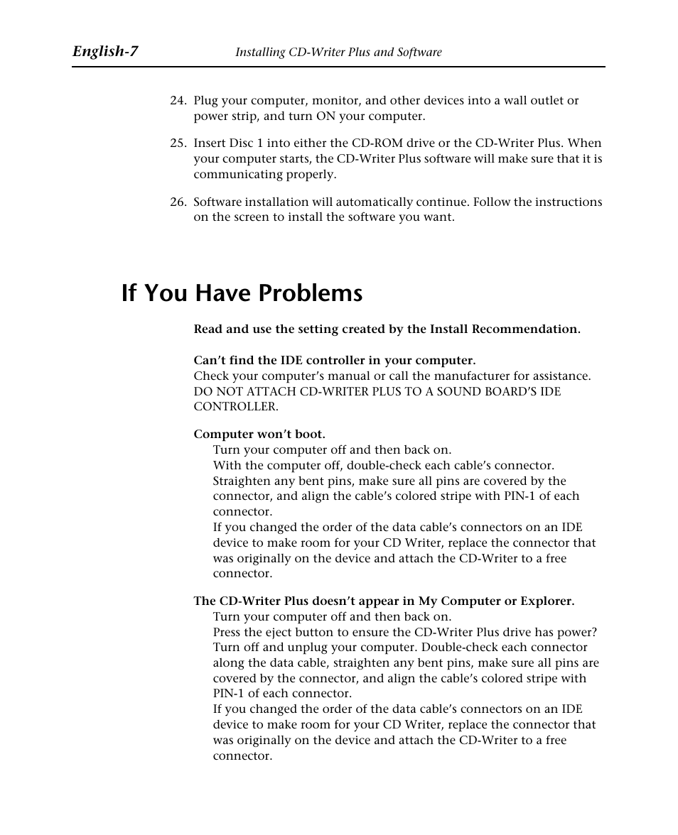 If you have problems, English-7 | HP Graveur de CD interne HP CD-Writer Plus 7570i User Manual | Page 39 / 46