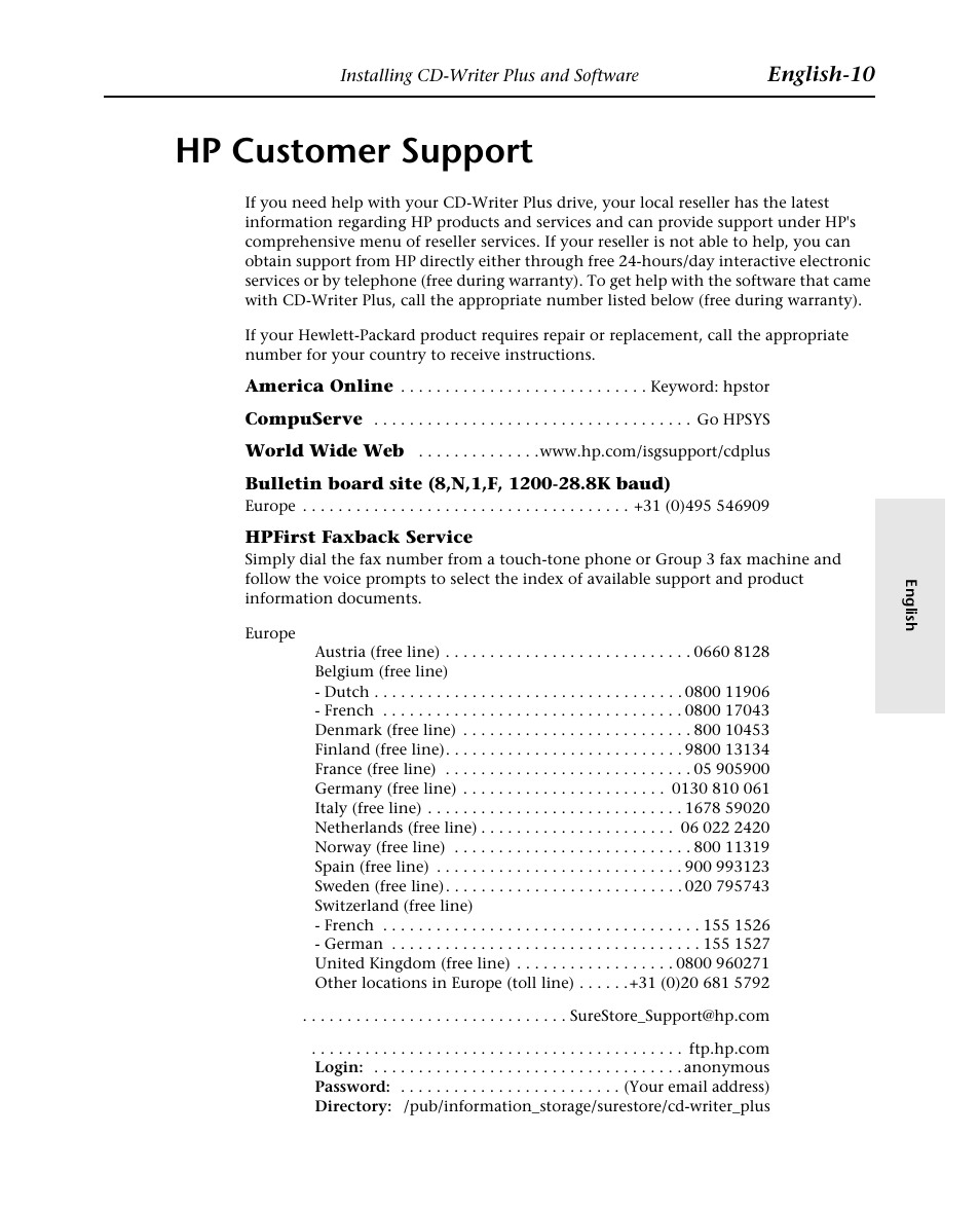 Hp customer support, English-10 | HP Graveur de CD interne HP CD-Writer Plus 7570i User Manual | Page 42 / 46