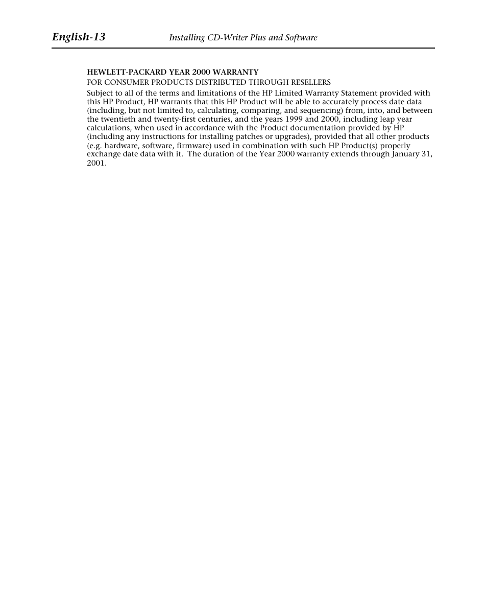 Hewlett-packard year 2000 warranty | HP Graveur de CD interne HP CD-Writer Plus 7570i User Manual | Page 45 / 46