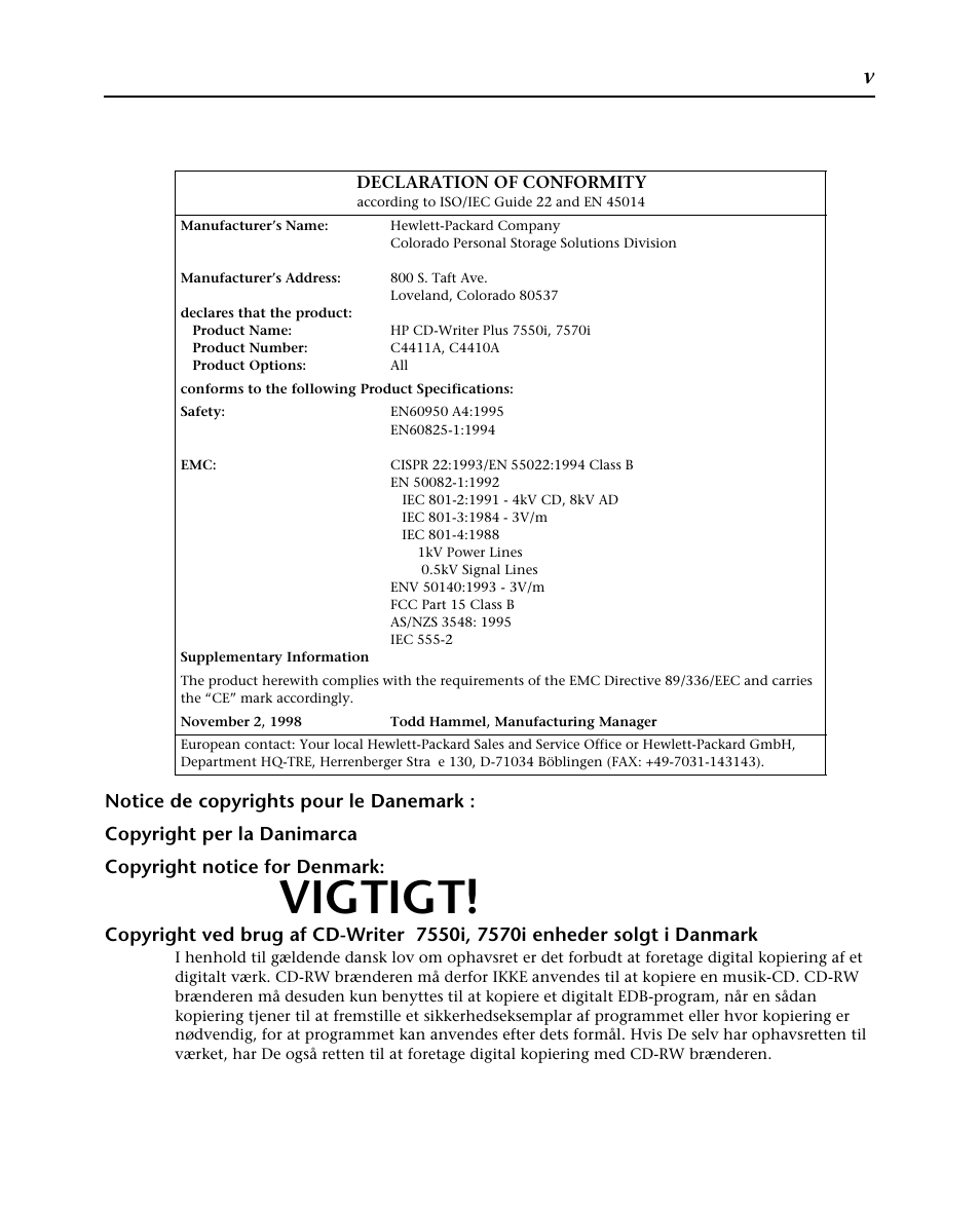 Vigtigt | HP Graveur de CD interne HP CD-Writer Plus 7570i User Manual | Page 7 / 46