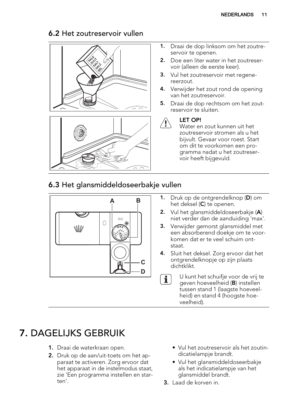 Dagelijks gebruik, 2 het zoutreservoir vullen, 3 het glansmiddeldoseerbakje vullen | AEG F67032VI0P User Manual | Page 11 / 72