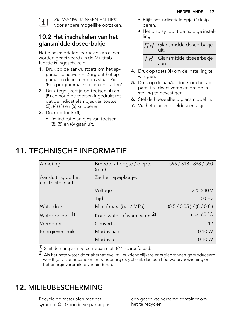 Technische informatie, Milieubescherming, 2 het inschakelen van het glansmiddeldoseerbakje | AEG F67032VI0P User Manual | Page 17 / 72