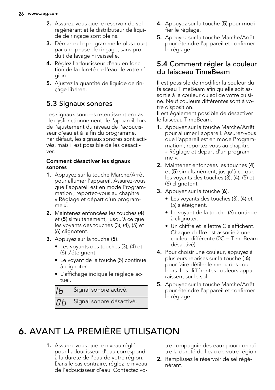 Avant la première utilisation, 3 signaux sonores, 4 comment régler la couleur du faisceau timebeam | AEG F67032VI0P User Manual | Page 26 / 72