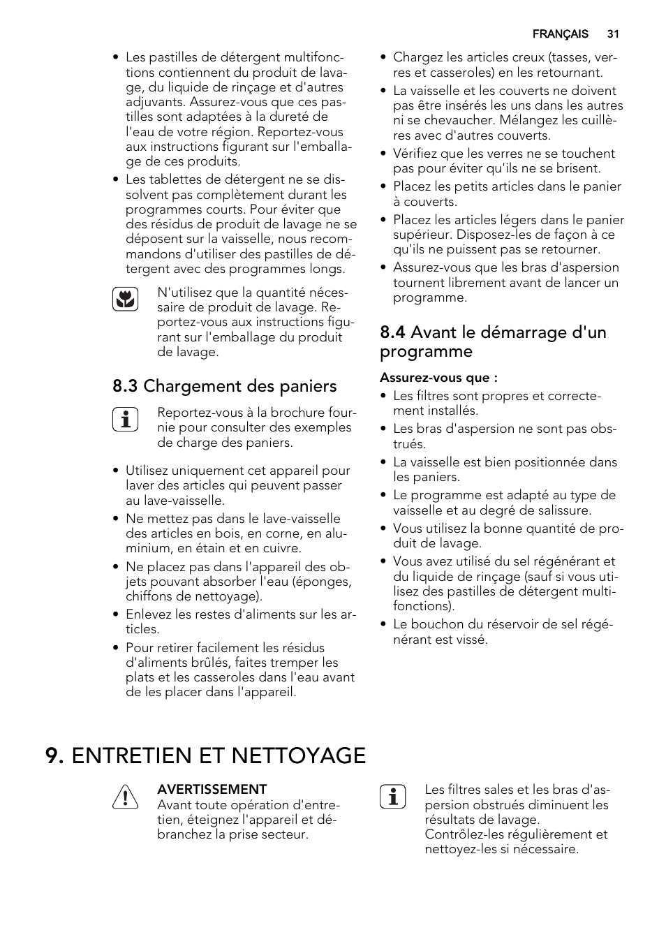 Entretien et nettoyage, 3 chargement des paniers, 4 avant le démarrage d'un programme | AEG F67032VI0P User Manual | Page 31 / 72