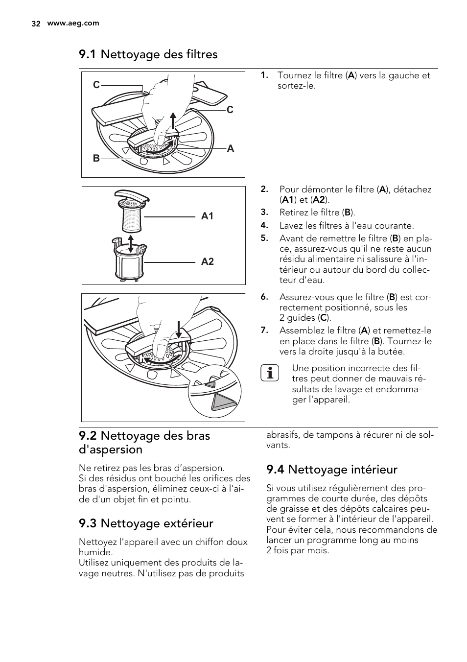 1 nettoyage des filtres, 2 nettoyage des bras d'aspersion, 3 nettoyage extérieur | 4 nettoyage intérieur | AEG F67032VI0P User Manual | Page 32 / 72