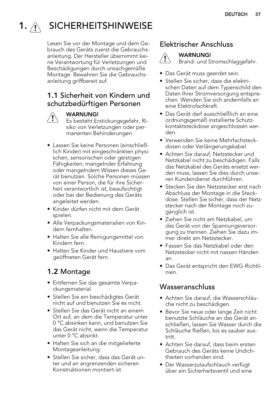 Sicherheitshinweise, 2 montage, Elektrischer anschluss | Wasseranschluss | AEG F67032VI0P User Manual | Page 37 / 72