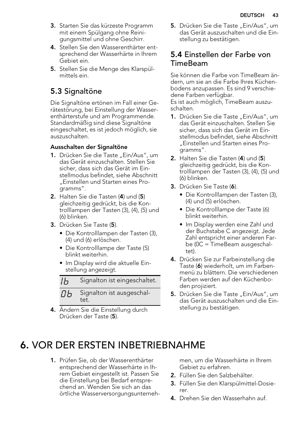 Vor der ersten inbetriebnahme, 3 signaltöne, 4 einstellen der farbe von timebeam | AEG F67032VI0P User Manual | Page 43 / 72