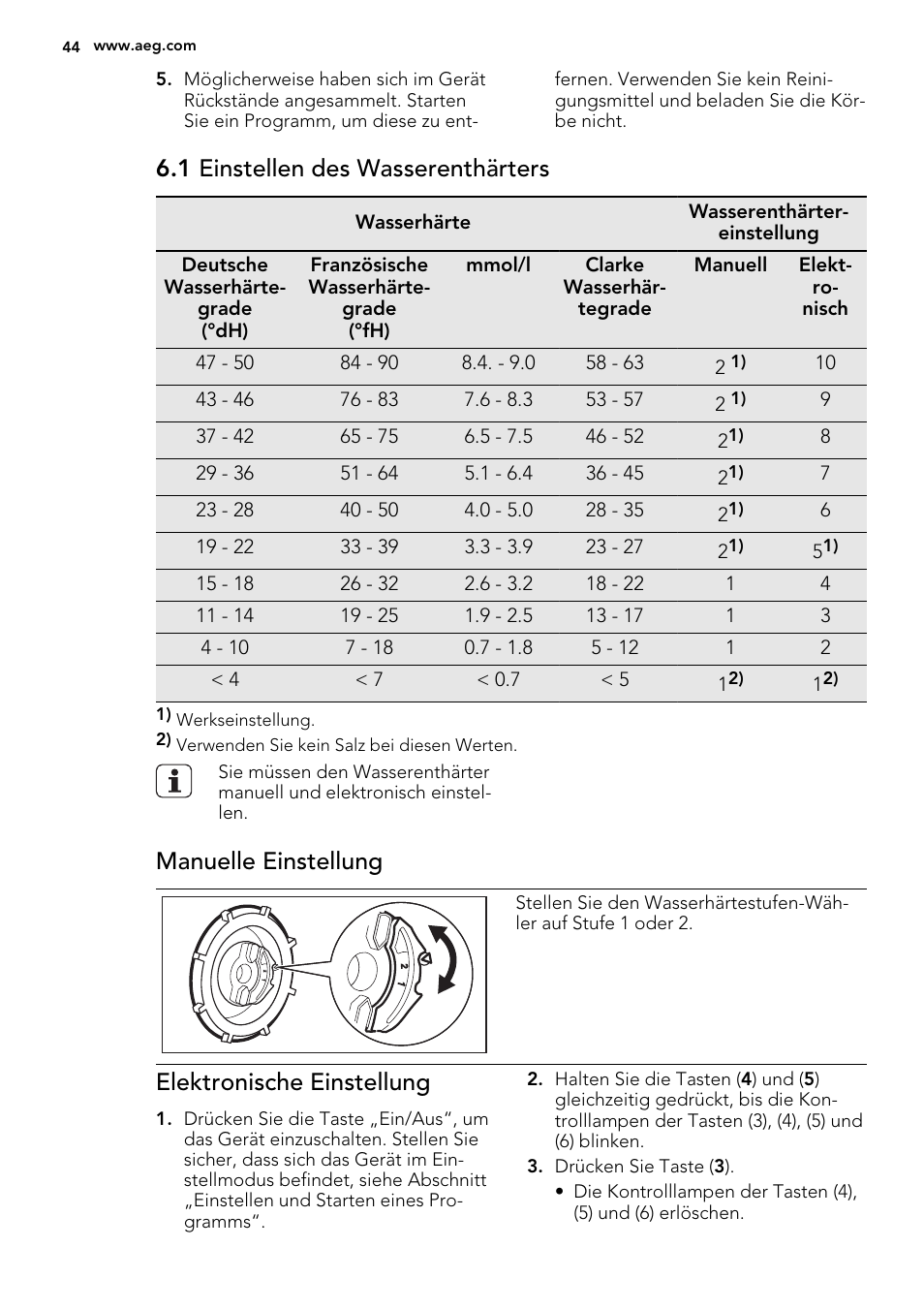 1 einstellen des wasserenthärters, Manuelle einstellung, Elektronische einstellung | AEG F67032VI0P User Manual | Page 44 / 72