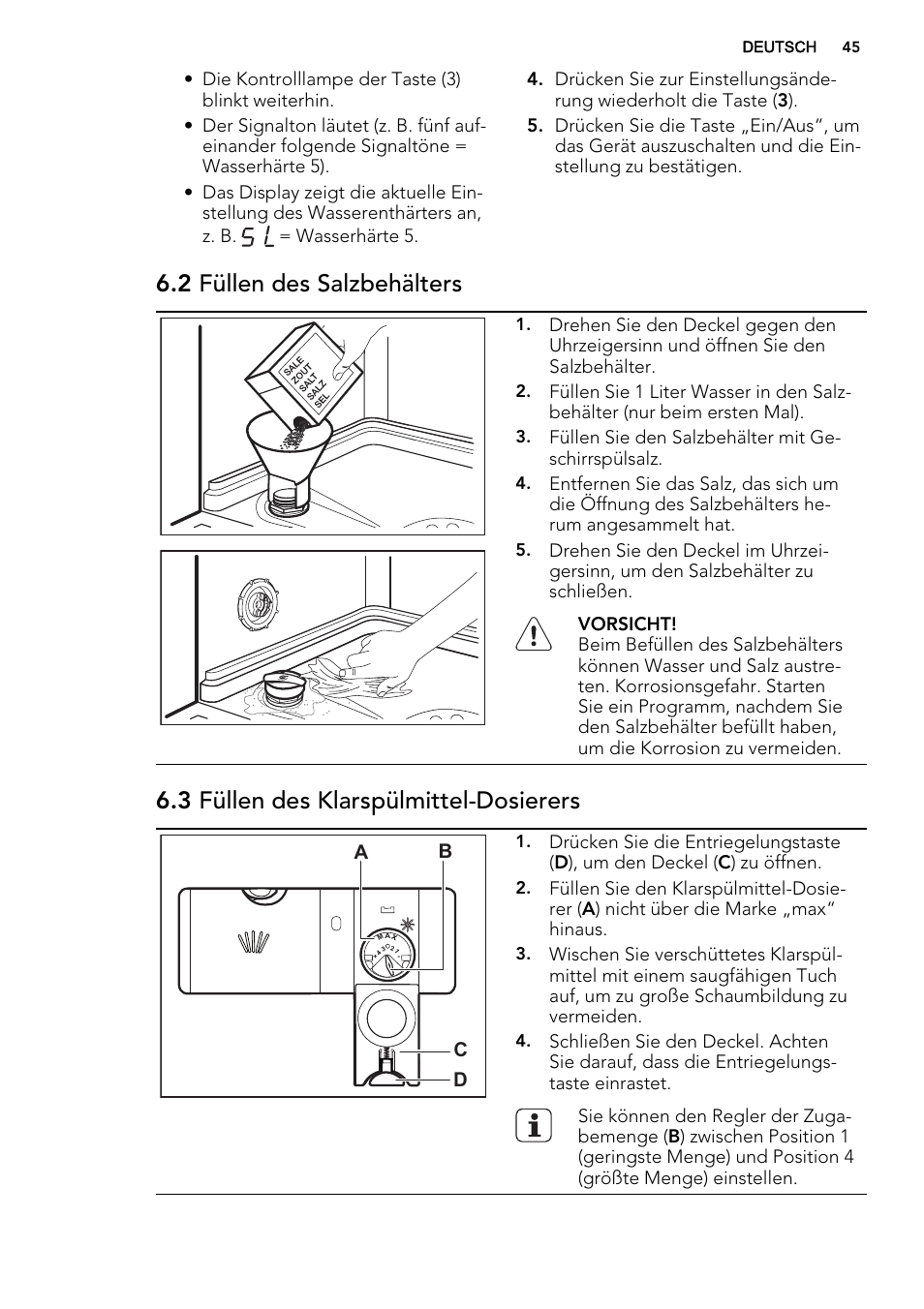 2 füllen des salzbehälters, 3 füllen des klarspülmittel-dosierers | AEG F67032VI0P User Manual | Page 45 / 72
