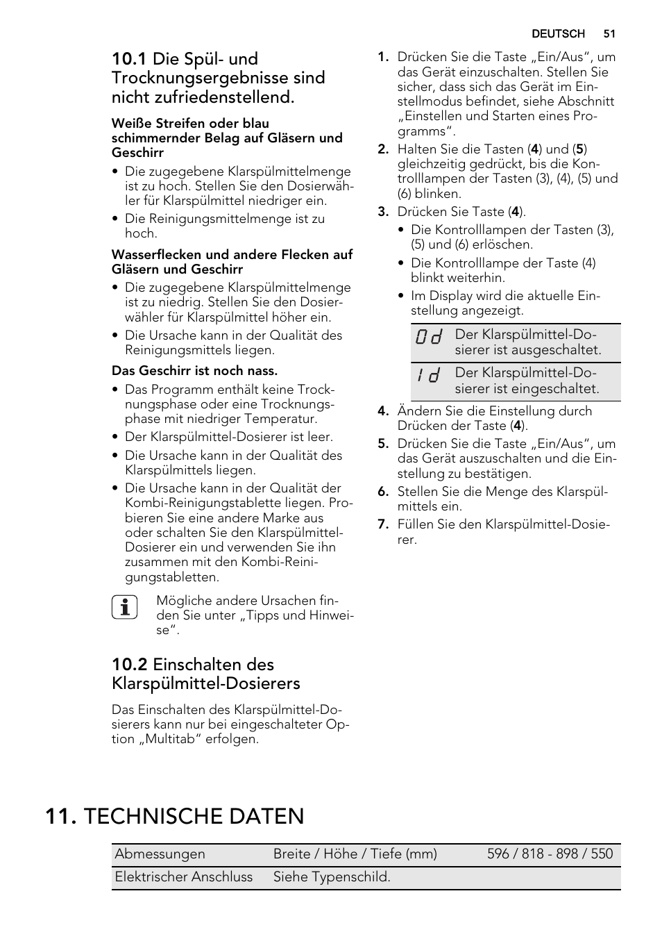 Technische daten, 2 einschalten des klarspülmittel-dosierers | AEG F67032VI0P User Manual | Page 51 / 72