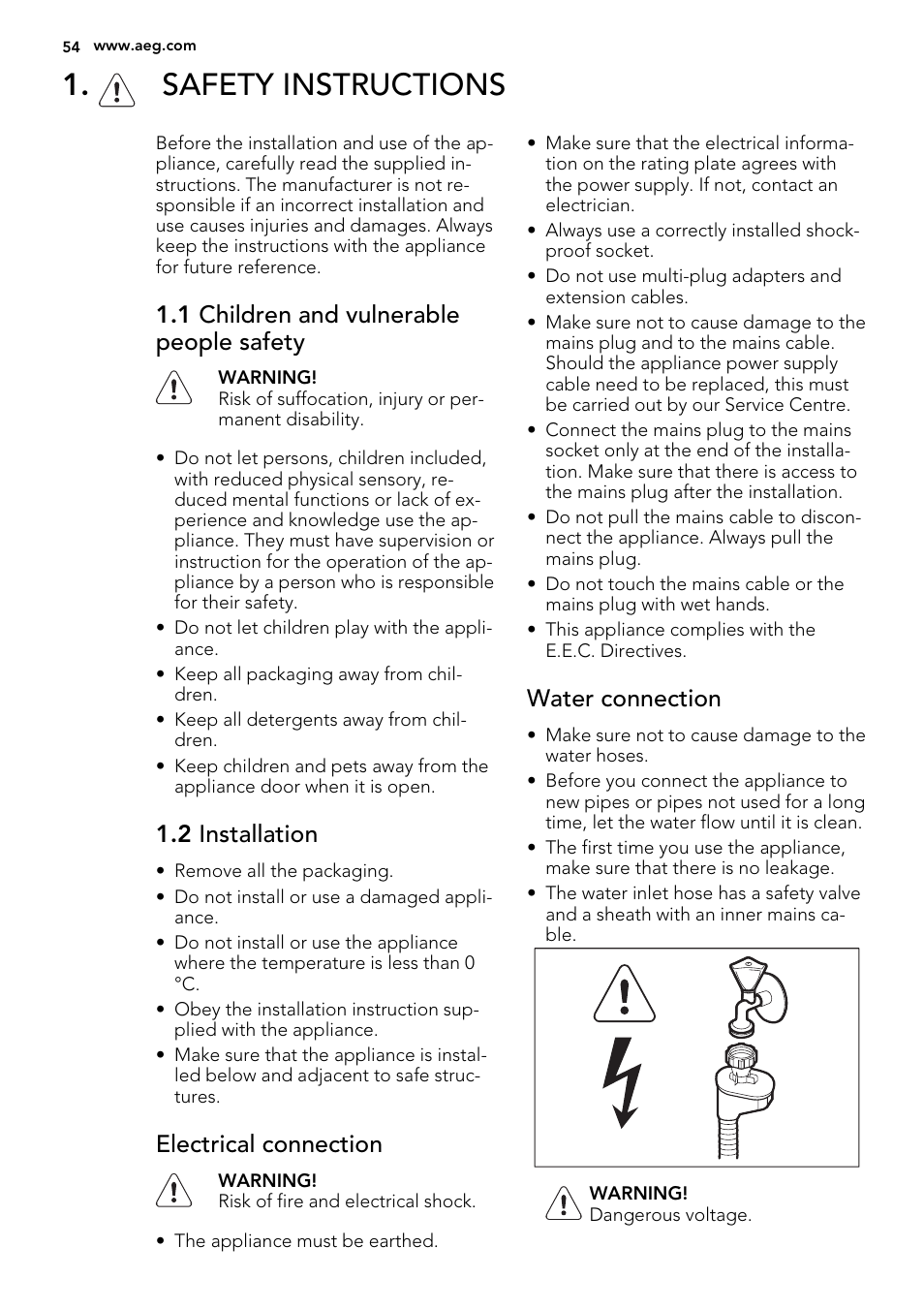 Safety instructions, 1 children and vulnerable people safety, 2 installation | Electrical connection, Water connection | AEG F67032VI0P User Manual | Page 54 / 72