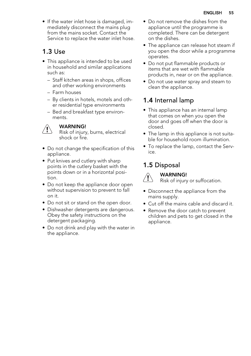 3 use, 4 internal lamp, 5 disposal | AEG F67032VI0P User Manual | Page 55 / 72