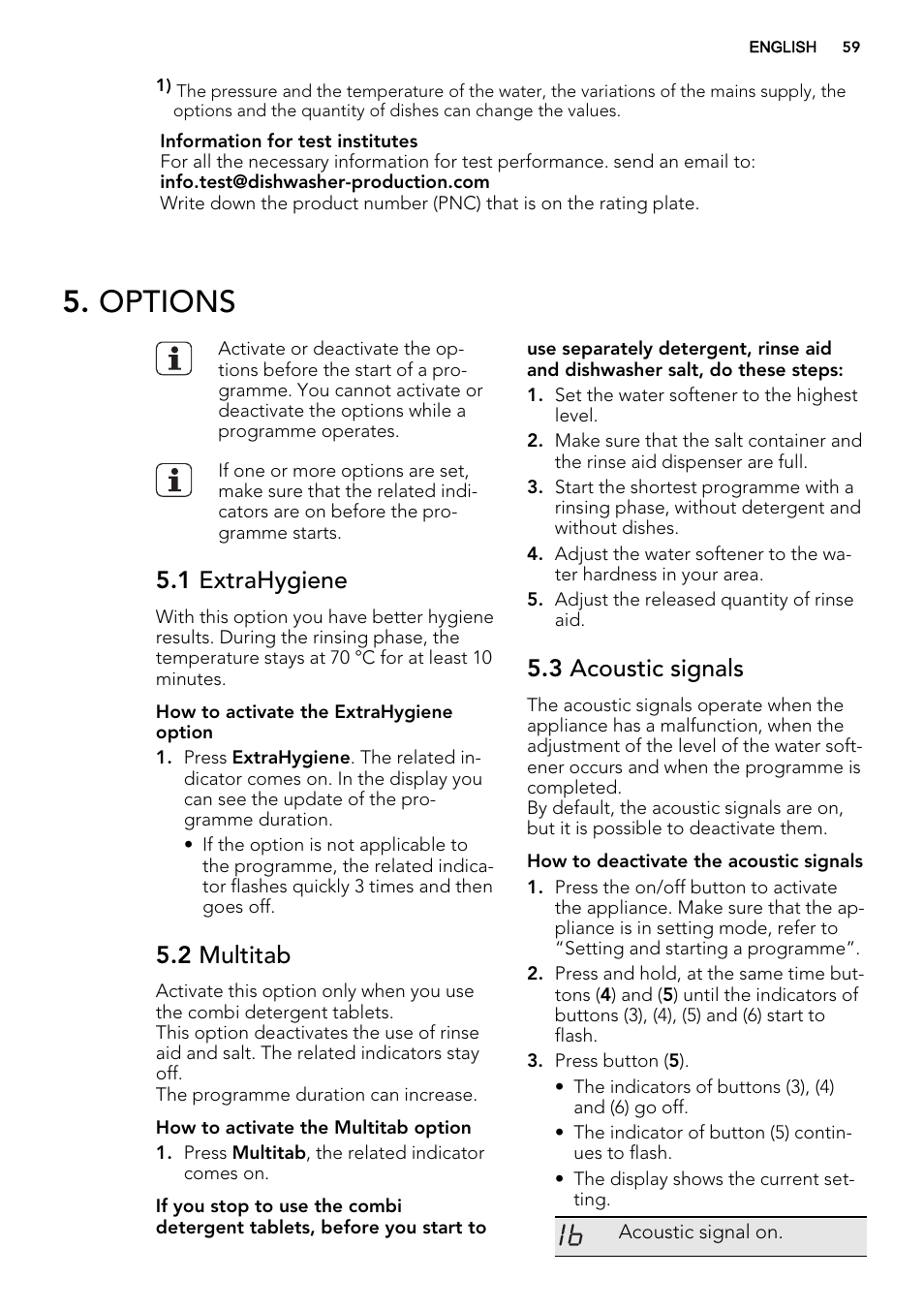 Options, 1 extrahygiene, 2 multitab | 3 acoustic signals | AEG F67032VI0P User Manual | Page 59 / 72