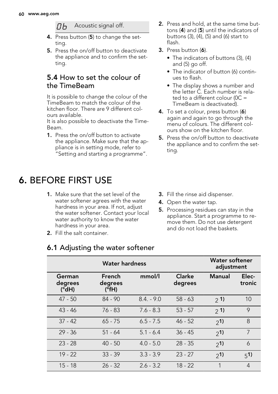 Before first use, 4 how to set the colour of the timebeam, 1 adjusting the water softener | AEG F67032VI0P User Manual | Page 60 / 72