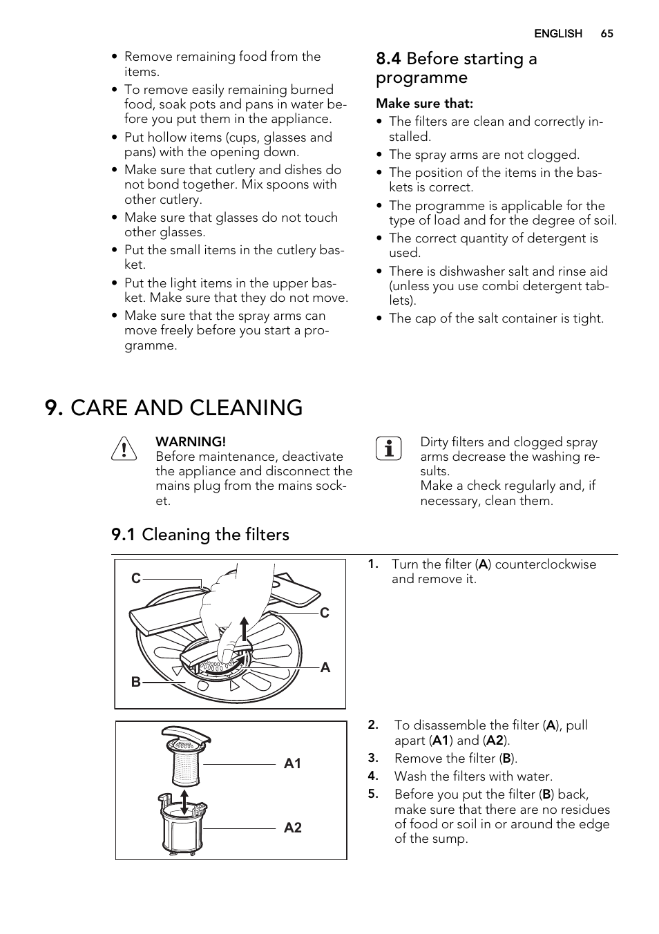 Care and cleaning, 4 before starting a programme, 1 cleaning the filters | AEG F67032VI0P User Manual | Page 65 / 72