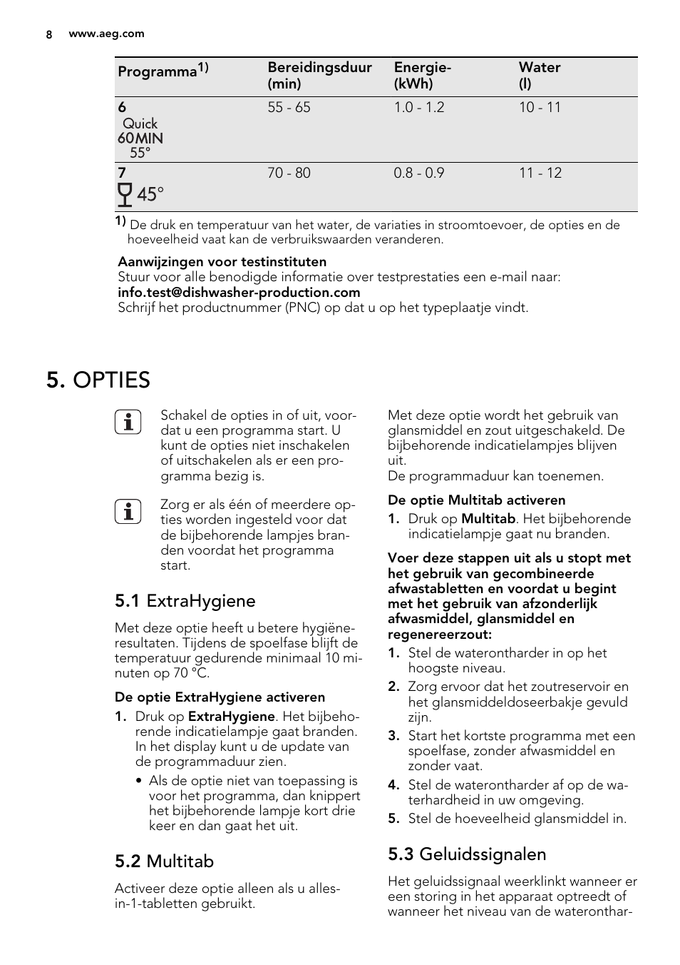 Opties, 1 extrahygiene, 2 multitab | 3 geluidssignalen | AEG F67032VI0P User Manual | Page 8 / 72