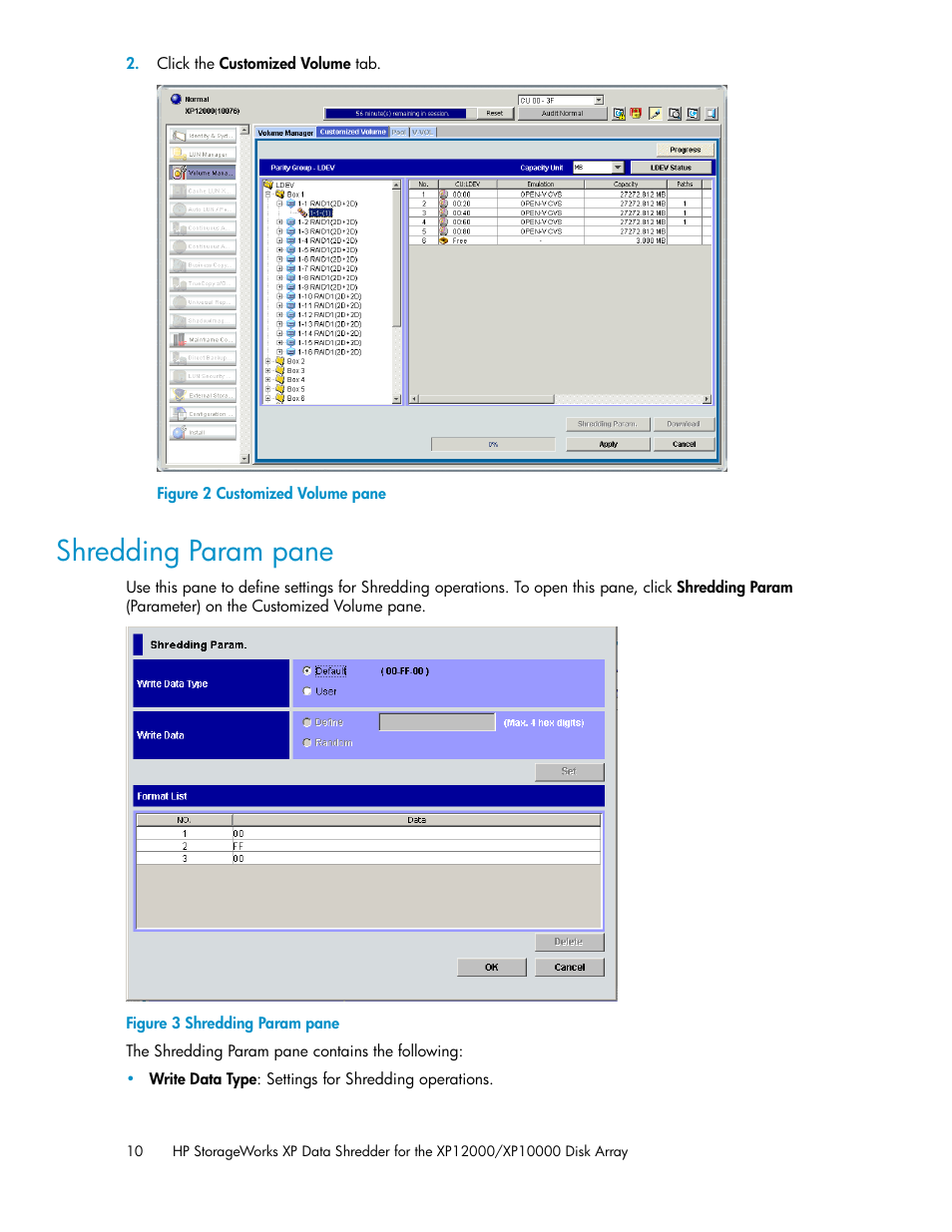 Shredding param pane, Customized volume pane | HP XP Data Shredder Software User Manual | Page 10 / 20