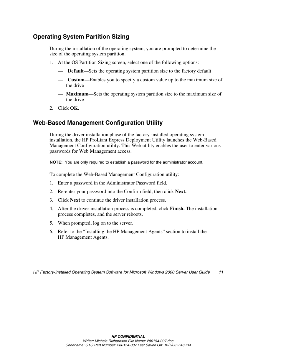 Operating system partition sizing, Web-based management configuration utility | HP ProLiant BL10e G2 Server Blade User Manual | Page 11 / 30