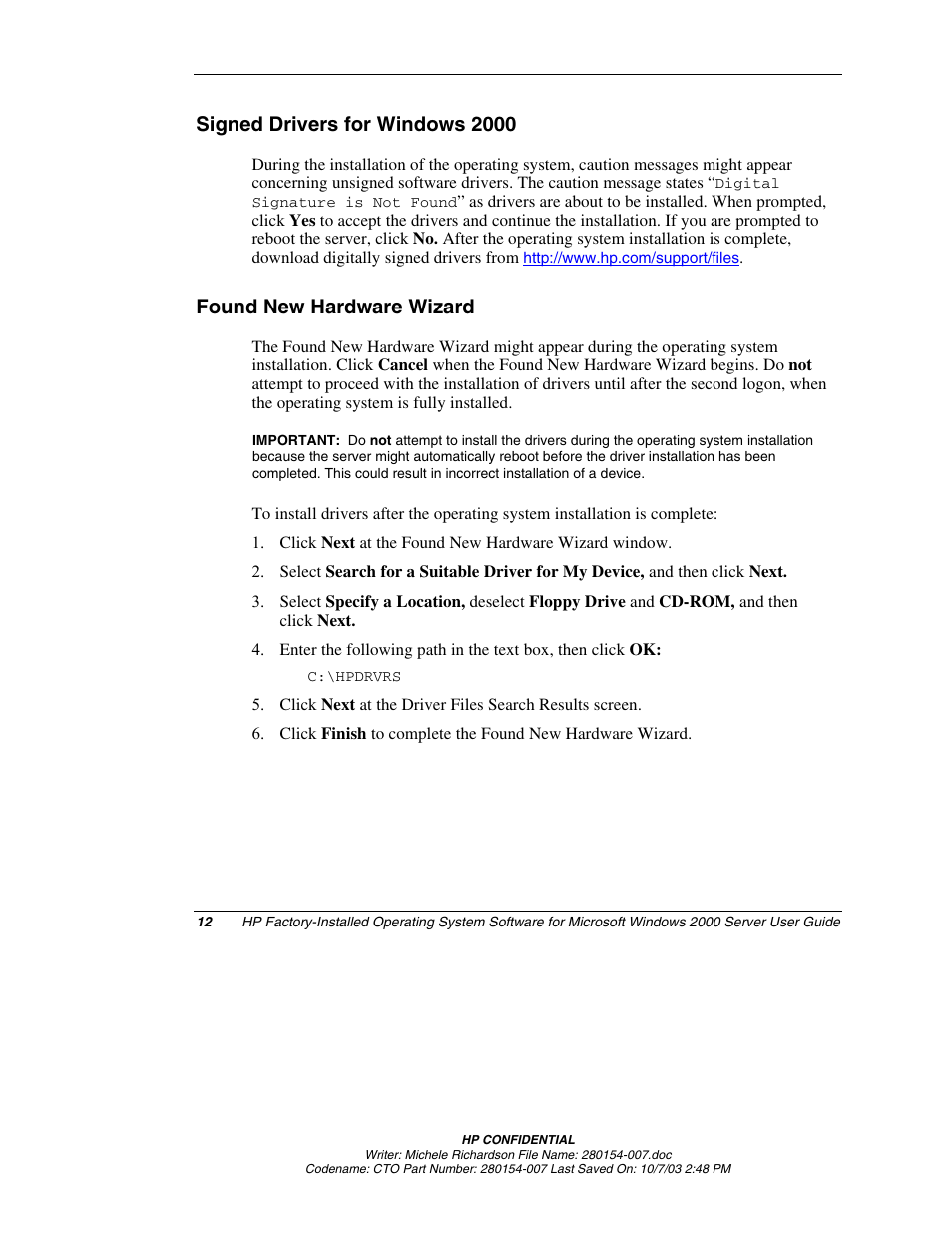 Signed drivers for windows 2000, Found new hardware wizard | HP ProLiant BL10e G2 Server Blade User Manual | Page 12 / 30