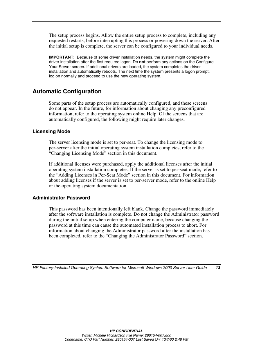 Automatic configuration, Licensing mode, Administrator password | HP ProLiant BL10e G2 Server Blade User Manual | Page 13 / 30