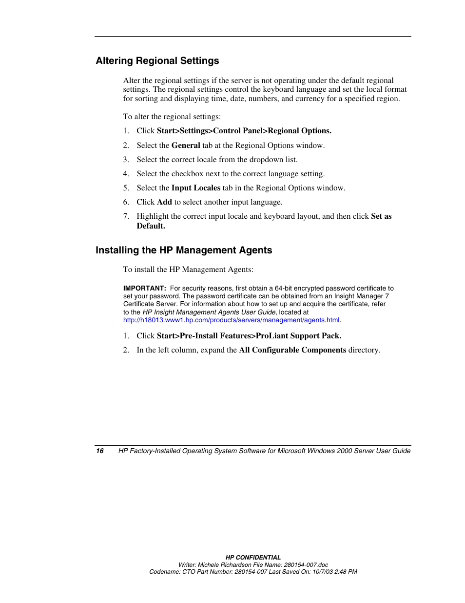 Altering regional settings, Installing the hp management agents | HP ProLiant BL10e G2 Server Blade User Manual | Page 16 / 30