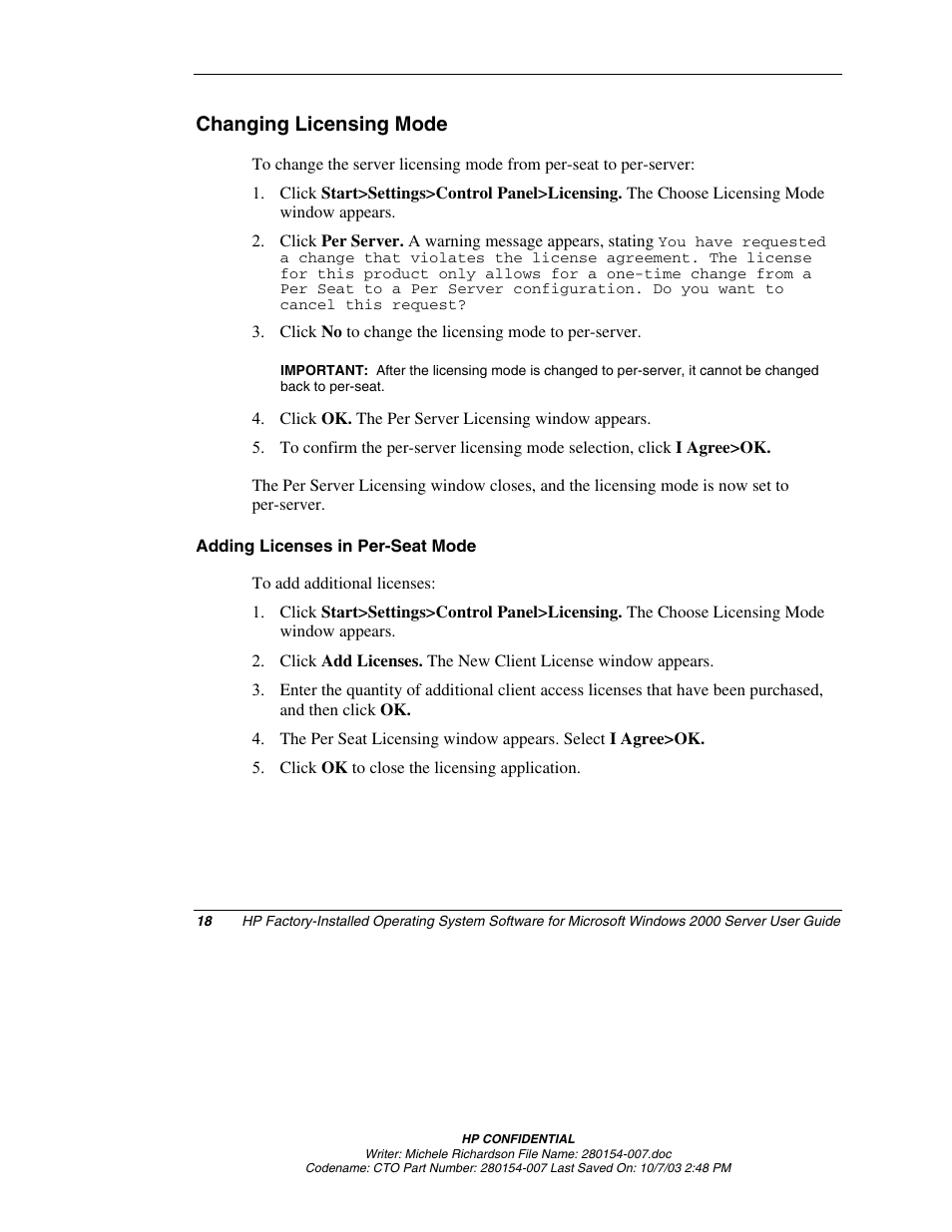 Changing licensing mode, Adding licenses in per-seat mode | HP ProLiant BL10e G2 Server Blade User Manual | Page 18 / 30