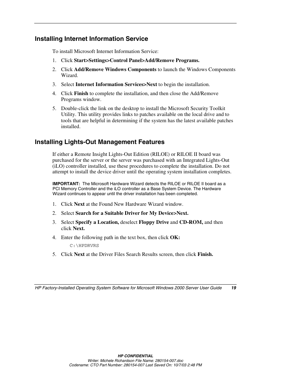 Installing internet information service, Installing lights-out management features | HP ProLiant BL10e G2 Server Blade User Manual | Page 19 / 30