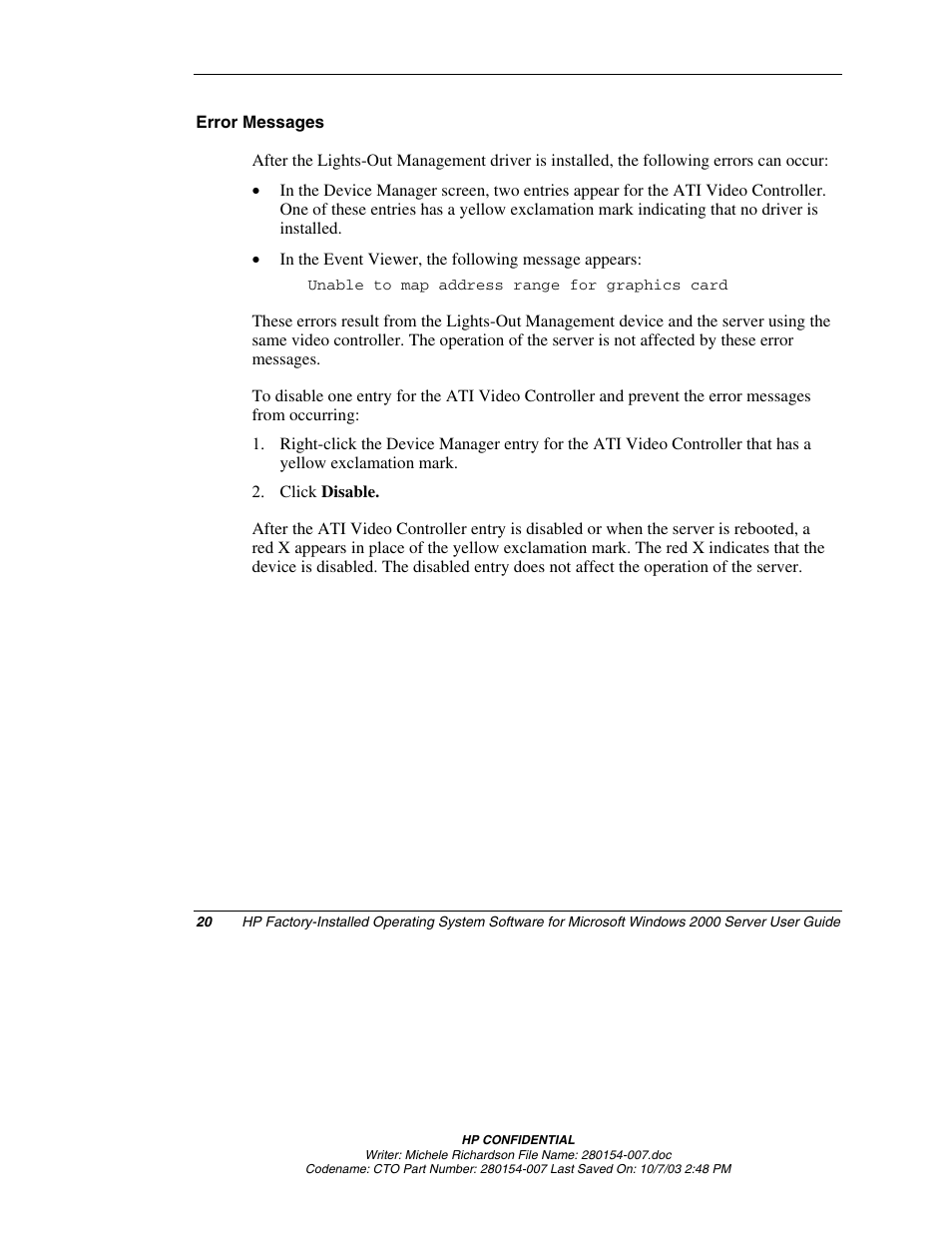 Error messages | HP ProLiant BL10e G2 Server Blade User Manual | Page 20 / 30